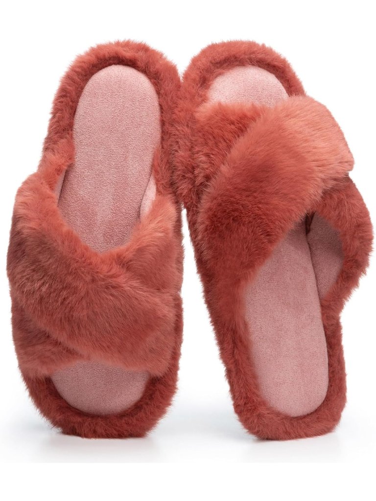 Women's Scarlet Open Toe Fuzzy Fur Cross Band Memory Foam Indoor Slippers